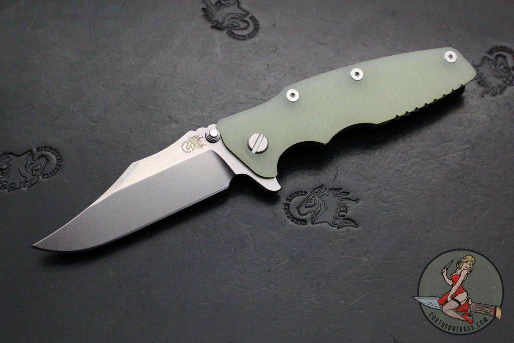 Hinderer Eklipse 3.5"- Bowie Edge- Working Finish Ti And Translucent Green G-10 Handle- Stonewash S45VN Blade