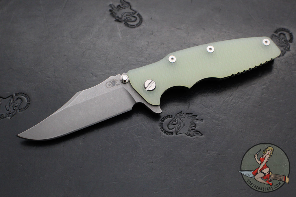 Hinderer Eklipse 3.5"- Bowie Edge- Working Finish Ti And Translucent Green G-10 Handle- Working Finish S45VN Blade