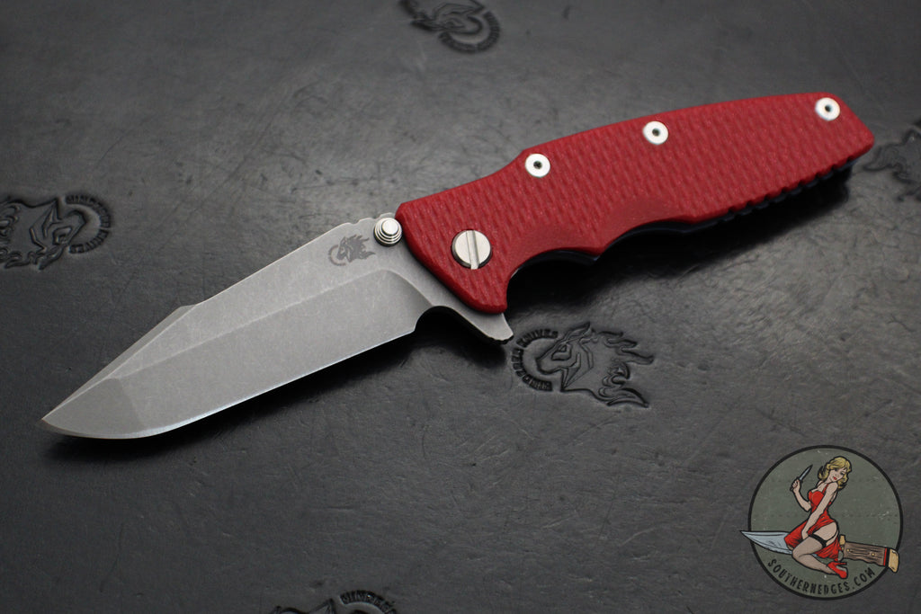 Hinderer Eklipse 3.5"- Harpoon Spanto- Battle Blue Finished Titanium And Red G-10- Working Finish S45VN Steel Blade