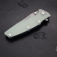 Hinderer Eklipse 3.5"- Wharncliffe Blade- Battle Blue Finished Titanium and Translucent Green G-10- Working Finish Blade