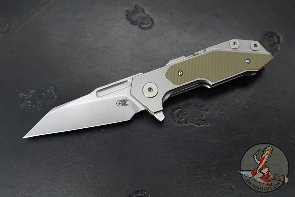 Hinderer Fulltrack- Wharncliffe Edge- Stonewash Titanium And OD Green G-10 Handle- Stonewash Blade