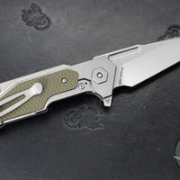 Hinderer Fulltrack- Wharncliffe Edge- Stonewash Titanium And OD Green G-10 Handle- Stonewash Blade
