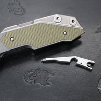 Hinderer Fulltrack- Wharncliffe Edge- Stonewash Titanium And OD Green G-10 Handle- Stonewash Blade