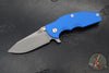 Hinderer Jurassic- Slicer Edge- Hollow Grind- Battle Blue Titanium and Various G-10 Handle Scales- Working Finish Magnacut Steel Blade