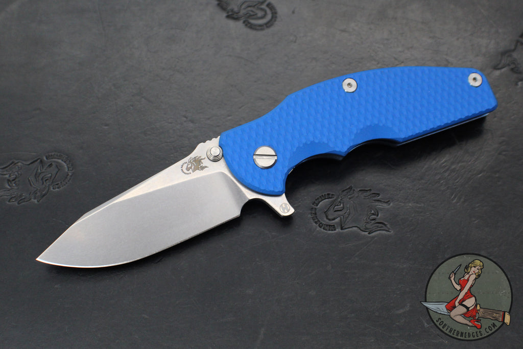 Hinderer Jurassic- Slicer Edge- Hollow Grind- Stonewash Blue Finished Titanium and Various G-10 Handle Scales- Stonewash Finished Magnacut Steel Blade