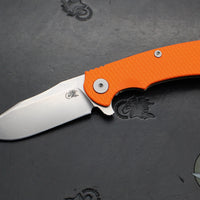 Hinderer Project X- Clip Point Edge- Stonewash Bronze Finished Titanium And Orange G-10- Stonewash S45VN Blade