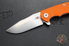 Hinderer Project X- Clip Point Edge- Stonewash Finished Titanium And Orange G-10- Stonewash S45VN Blade