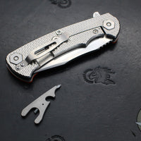 Hinderer Project X- Clip Point Edge- Stonewash Finished Titanium And Orange G-10- Stonewash S45VN Blade