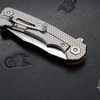 Hinderer Project X- Clip Point Edge- Stonewash Finished Titanium And Orange G-10- Stonewash S45VN Blade