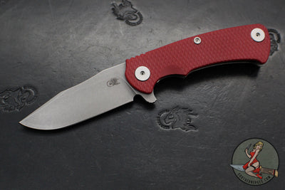 Hinderer Project X- Clip Point Edge- Working Finish Titanium And Red G-10- Working Finish S45VN Blade