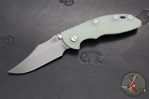 Hinderer XM-18 3.5"- NON FLIPPER- Bowie Edge- Battle Blue Titanium And Translucent Green G-10 Handle- Working Finish Blade