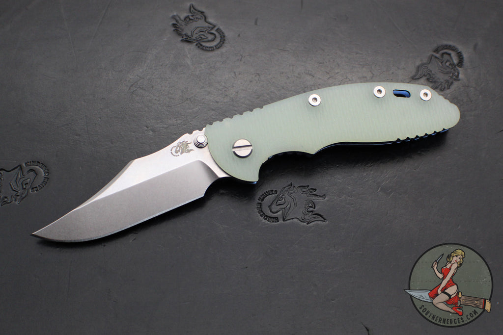 Hinderer XM-18 3.5"- NON FLIPPER- Bowie Edge- Stonewash Blue Ti And Translucent Green G-10- Stonewash Finished S45VN Steel Blade