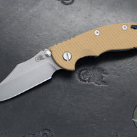 Hinderer XM-18 3.5"- NON FLIPPER- Bowie Edge- Battle Blue Titanium And Coyote Tan G-10 Handle- Working Finish Blade