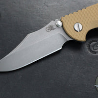 Hinderer XM-18 3.5"- NON FLIPPER- Bowie Edge- Battle Blue Titanium And Coyote Tan G-10 Handle- Working Finish Blade