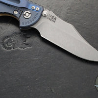 Hinderer XM-18 3.5"- NON FLIPPER- Bowie Edge- Battle Blue Titanium And Coyote Tan G-10 Handle- Working Finish Blade