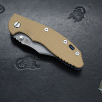 Hinderer XM-18 3.5"- NON FLIPPER- Bowie Edge- Battle Blue Titanium And Coyote Tan G-10 Handle- Working Finish Blade