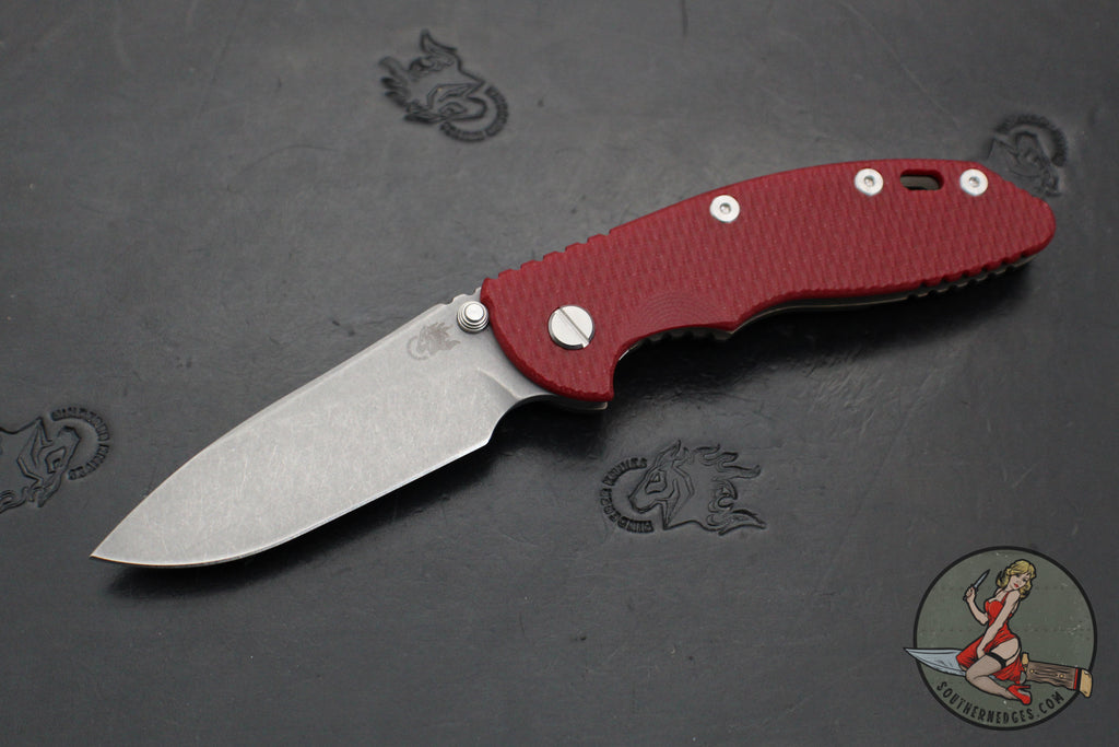 Hinderer XM-18 3.5"- Non-Flipper- Slicer Edge- Battle Bronze Finished Ti and Red G-10- Working Finish Blade