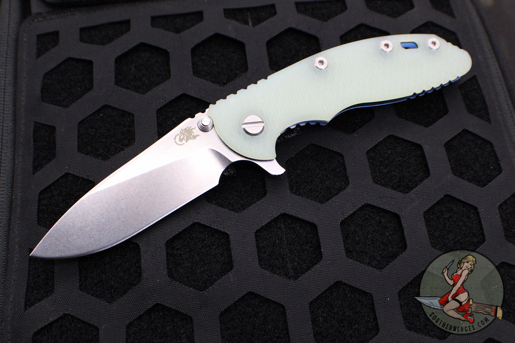 Hinderer XM-18 3.5"- Slicer Edge- Stonewash Blue Finished Titanium and Translucent Green G-10- Stonewash Finished S45VN Blade