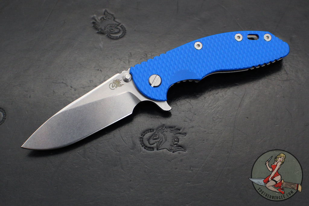 Hinderer XM-18 3.5"- Slicer Edge- Stonewash Finished Titanium and Blue G-10- Stonewash Finished S45VN Blade