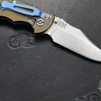 Hinderer XM-18 3.5"- NON FLIPPER- Bowie Edge- Assembly Special- Double Anodized- Stonewash Bronze/Blue Ti And Smooth BlueBlack G-10- Blue Ti Hardware- Stonewash Finished S45VN Steel Blade