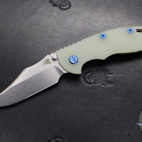 Hinderer XM-18 3.5"- NON FLIPPER- Bowie Edge- Assembly Special- Double Anodized- Stonewash Bronze/Blue Ti And Smooth Translucent Green G-10- Blue Ti Hardware- Stonewash Finished S45VN Steel Blade