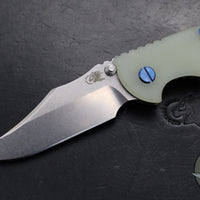 Hinderer XM-18 3.5"- NON FLIPPER- Bowie Edge- Assembly Special- Double Anodized- Stonewash Bronze/Blue Ti And Smooth Translucent Green G-10- Blue Ti Hardware- Stonewash Finished S45VN Steel Blade