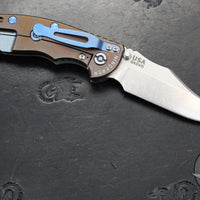 Hinderer XM-18 3.5"- NON FLIPPER- Bowie Edge- Assembly Special- Double Anodized- Stonewash Bronze/Blue Ti And Smooth Translucent Green G-10- Blue Ti Hardware- Stonewash Finished S45VN Steel Blade