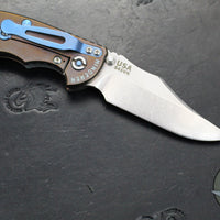 Hinderer XM-18 3.5"- NON FLIPPER- Bowie Edge- Assembly Special- Double Anodized- Stonewash Bronze/Blue Ti And Smooth Translucent Green G-10- Blue Ti Hardware- Stonewash Finished S45VN Steel Blade