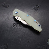 Hinderer XM-18 3.5"- NON FLIPPER- Bowie Edge- Assembly Special- Double Anodized- Stonewash Bronze/Blue Ti And Smooth Translucent Green G-10- Blue Ti Hardware- Stonewash Finished S45VN Steel Blade