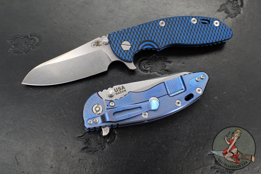 Hinderer XM-18 3.5"- Sheepsfoot- Stonewash Blue Finished Titanium Handle- Various G-10 Handle Scale- Stonewash S45VN Steel Blade