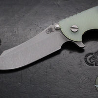 Hinderer XM-18 3.5"- Skinner Edge-Battle Blue Finished Ti And Translucent Green G-10- Working Finish Blade- S45VN