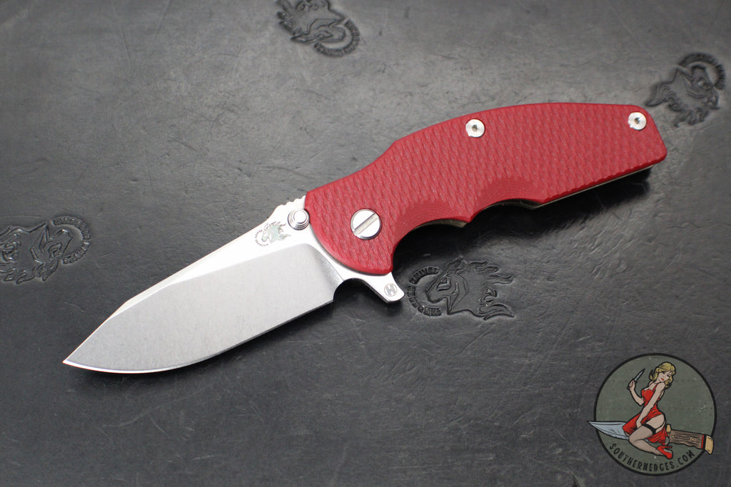 Hinderer Jurassic- Slicer Edge- Hollow Grind- Stonewash Bronze Finished Titanium and Various G-10 Handle Scales- Stonewash Finished Magnacut Steel Blade