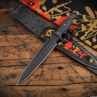 RMJ Lady Death- Knuckle Duster Trench Knife- Graphite Black Finished Blade- Black G-10- Poppi Camo And Leather Sheath