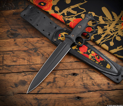 RMJ Lady Death- Knuckle Duster Trench Knife- Graphite Black Finished Blade- Black G-10- Poppi Camo And Leather Sheath