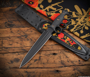 RMJ Lady Death- Knuckle Duster Trench Knife- Graphite Black Finished Blade- Black G-10- Poppi Camo And Leather Sheath