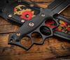 RMJ Lady Death- Knuckle Duster Trench Knife- Graphite Black Finished Blade- Black G-10- Poppi Camo And Leather Sheath