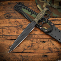 RMJ Lady Death- Knuckle Duster Trench Knife- Graphite Black Finished- Dirty Olive G-10- Woodland Camo And Leather Sheath