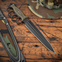 RMJ Lady Death- Knuckle Duster Trench Knife- Graphite Black Finished- Dirty Olive G-10- Woodland Camo And Leather Sheath