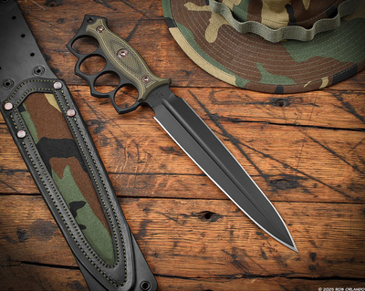 RMJ Lady Death- Knuckle Duster Trench Knife- Graphite Black Finished- Dirty Olive G-10- Woodland Camo And Leather Sheath