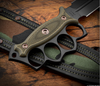 RMJ Lady Death- Knuckle Duster Trench Knife- Graphite Black Finished- Dirty Olive G-10- Woodland Camo And Leather Sheath