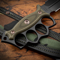 RMJ Lady Death- Knuckle Duster Trench Knife- Graphite Black Finished- Dirty Olive G-10- Woodland Camo And Leather Sheath