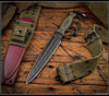 RMJ Lady Death- Knuckle Duster Trench Knife- Acid Etched Finished- Dirty Olive G-10- Green Canvas and Oxblood Leather Sheath