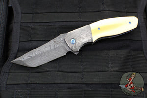 Kirby Lambert Custom Korudo Flipper- Damascus Tanto Edge Blade- Vintage Westinhouse Micarta Scales- Meteorite Bolster- Zirconium Backspacer and Clip