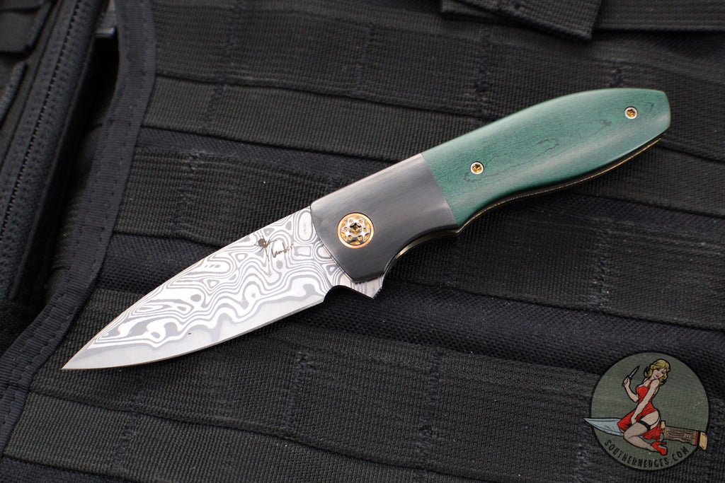 Kirby Lambert Custom Mini Blitz Flipper- Damasteel Blade- Vintage Westinghouse Green Micarta Scales- Zirconium Bolster