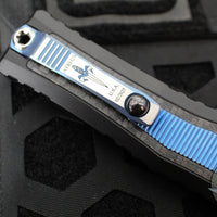 Marfione Custom Atreus- Zero Blade Play- Double Edge- Black Hefted Aluminum Chassis- Carbon Fiber Inlay With Blue Titanium Panel Inlay- Cryo Ice Finished Blade- Carbon Fiber Button