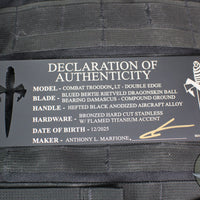 Marfione Custom Combat Troodon- Gen III- Double Edge- Black Deep Engraved Chassis- Blued Bertie Reitveld Dragonskin Ball Bearing Damascus Compound Ground Blade 1142-16 BRBLKBZFL-MCK