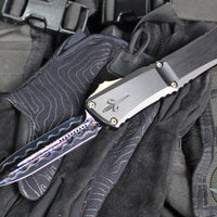 Marfione Custom Combat Troodon- Gen III- Double Edge- Black Deep Engraved Chassis- Blued Bertie Reitveld Dragonskin Ball Bearing Damascus Compound Ground Blade 1142-16 BRBLKBZFL-MCK