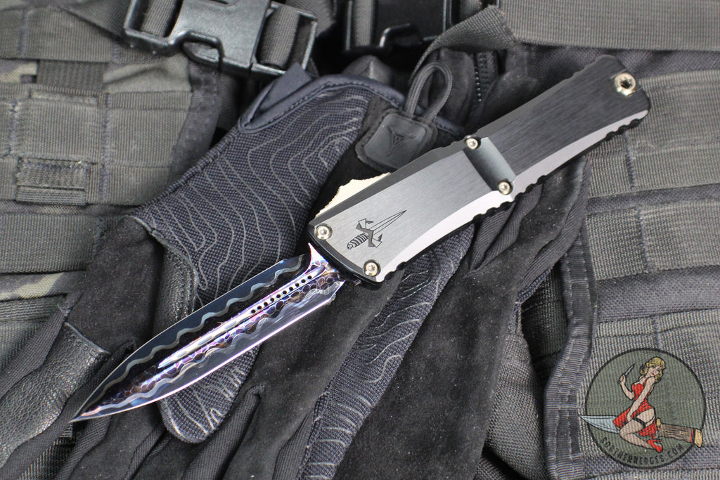 Marfione Custom Combat Troodon- Gen III- Double Edge- Black Deep Engraved Chassis- Blued Bertie Reitveld Dragonskin Ball Bearing Damascus Compound Ground Blade 1142-16 BRBLKBZFL-MCK