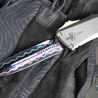 Marfione Custom Combat Troodon- Gen III- Double Edge- Black Deep Engraved Chassis- Blued Bertie Reitveld Dragonskin Ball Bearing Damascus Compound Ground Blade 1142-16 BRBLKBZFL-MCK