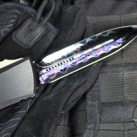 Marfione Custom Combat Troodon- Gen III- Double Edge- Black Deep Engraved Chassis- Blued Bertie Reitveld Dragonskin Ball Bearing Damascus Compound Ground Blade 1142-16 BRBLKBZFL-MCK
